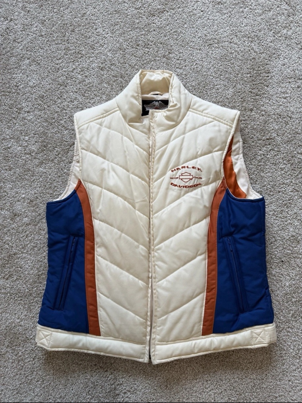 Harley-Davidson Women’s Cream Quilted Vest with Blue & Brown Accents